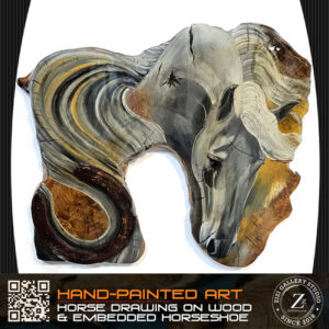 Hand-Painted Horse Drawing on Wood with Embedded Horseshoe