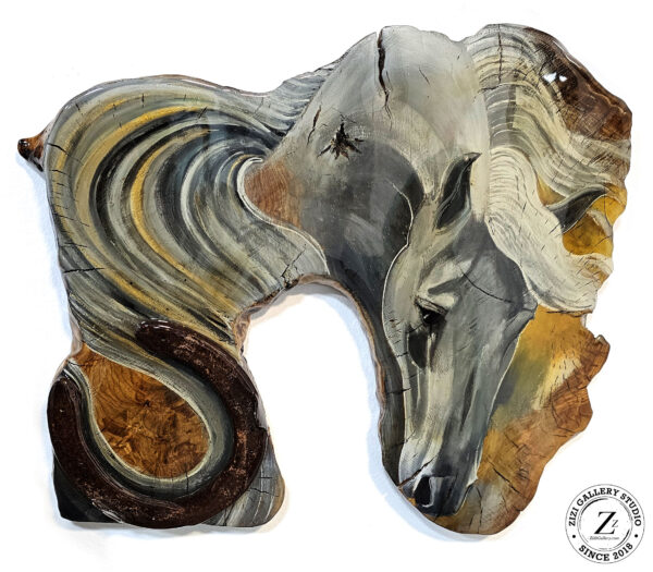 Hand-Painted Horse Drawing on Wood with Embedded Horseshoe